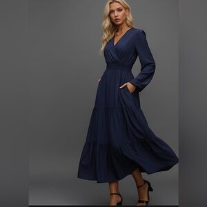 Navy Blue Surplice Neck Ruffle Hem Maxi Dress